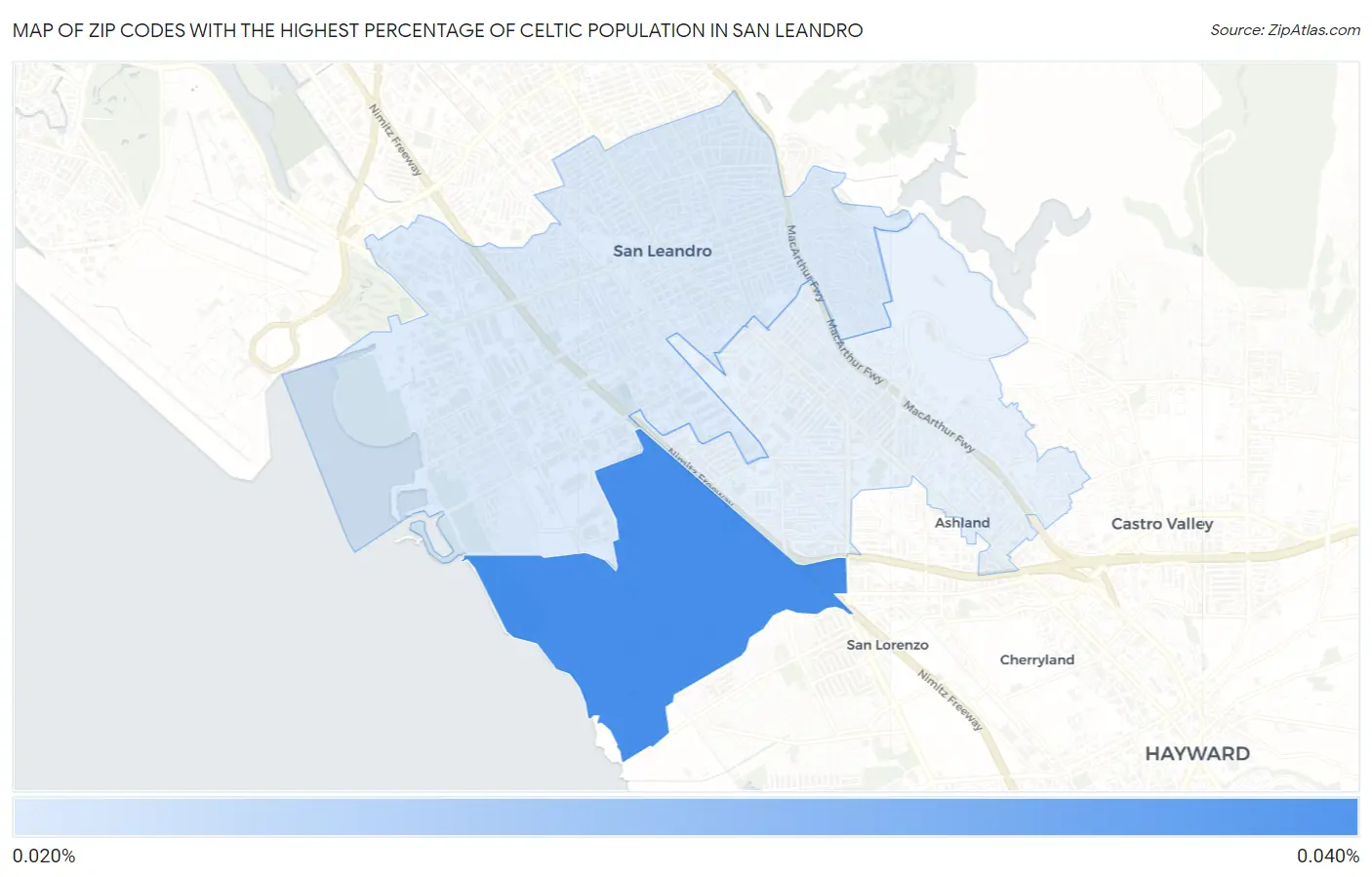 Zip Codes with the Highest Percentage of Celtic Population in San Leandro Map