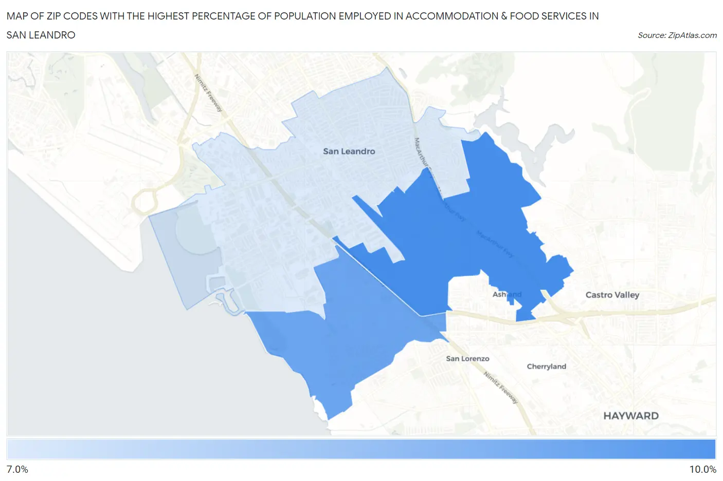 Zip Codes with the Highest Percentage of Population Employed in Accommodation & Food Services in San Leandro Map