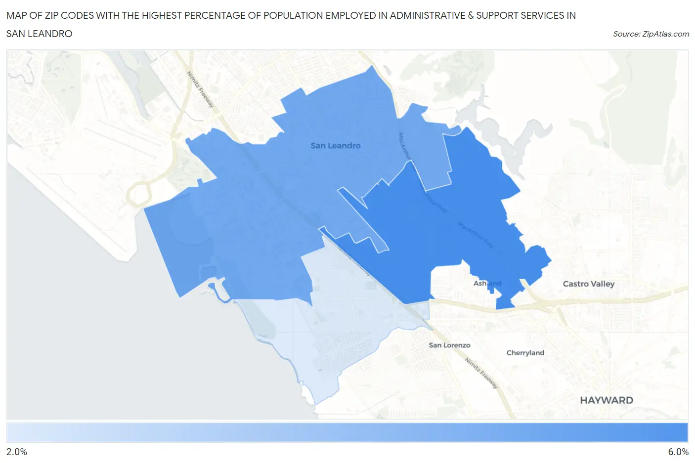 Zip Codes with the Highest Percentage of Population Employed in Administrative & Support Services in San Leandro Map