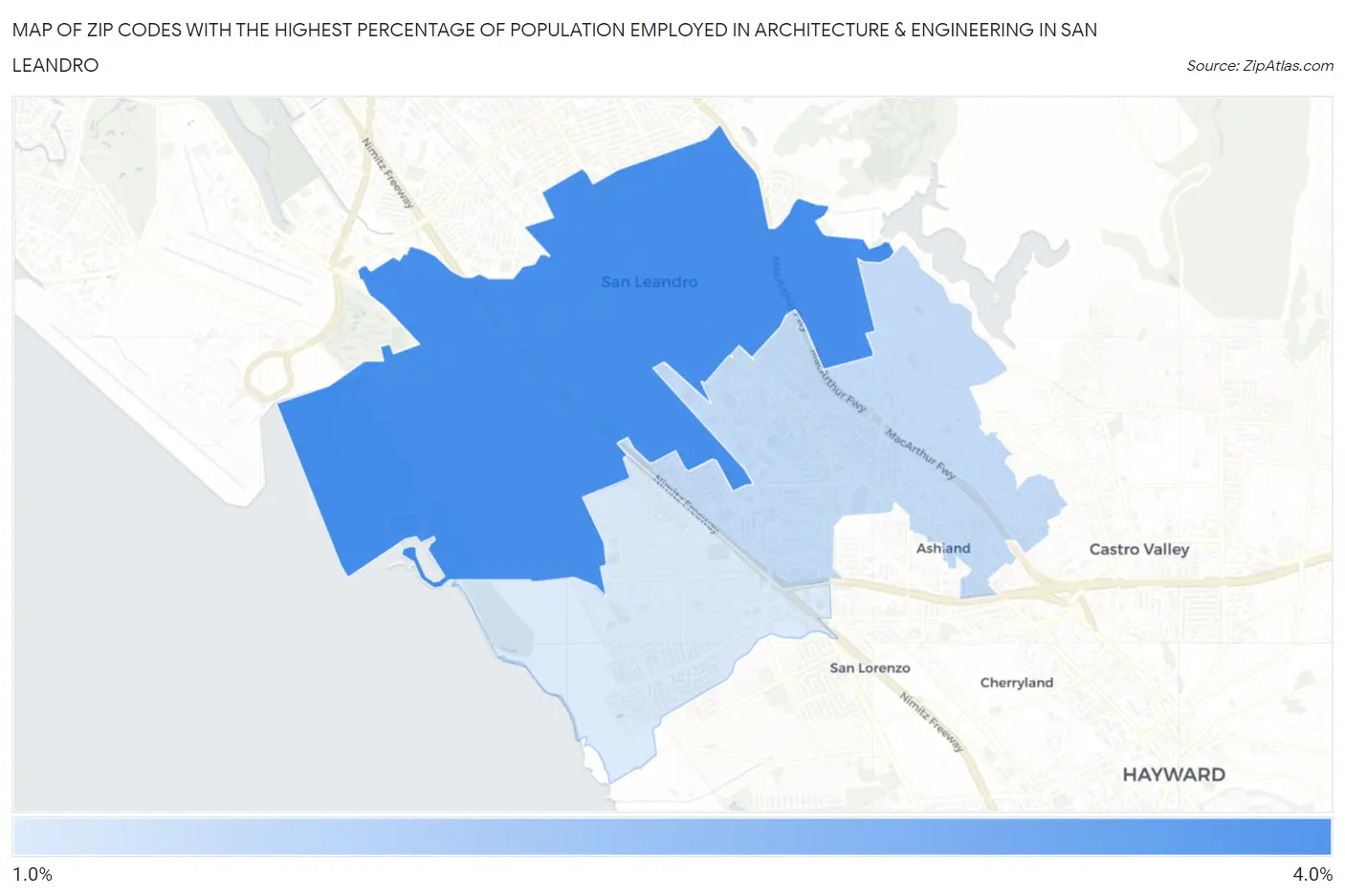 Zip Codes with the Highest Percentage of Population Employed in Architecture & Engineering in San Leandro Map
