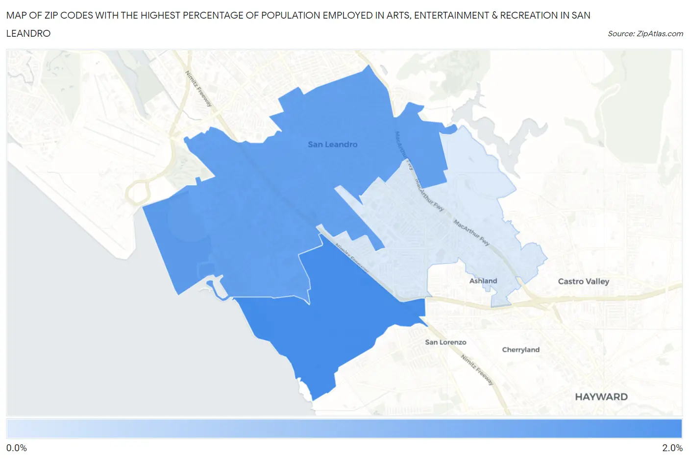 Zip Codes with the Highest Percentage of Population Employed in Arts, Entertainment & Recreation in San Leandro Map