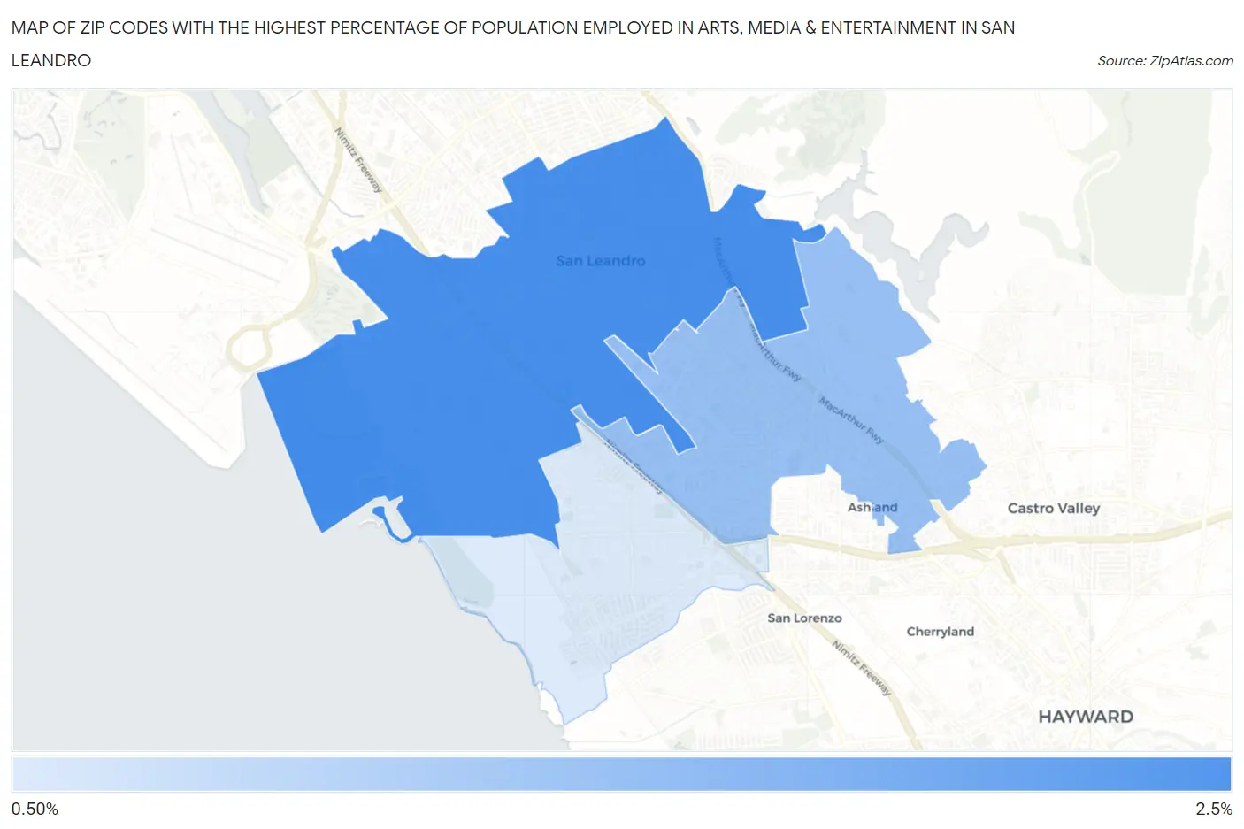 Zip Codes with the Highest Percentage of Population Employed in Arts, Media & Entertainment in San Leandro Map
