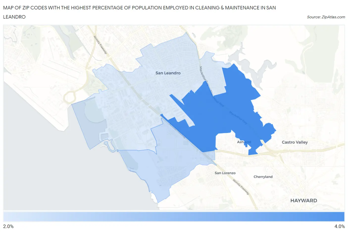 Zip Codes with the Highest Percentage of Population Employed in Cleaning & Maintenance in San Leandro Map