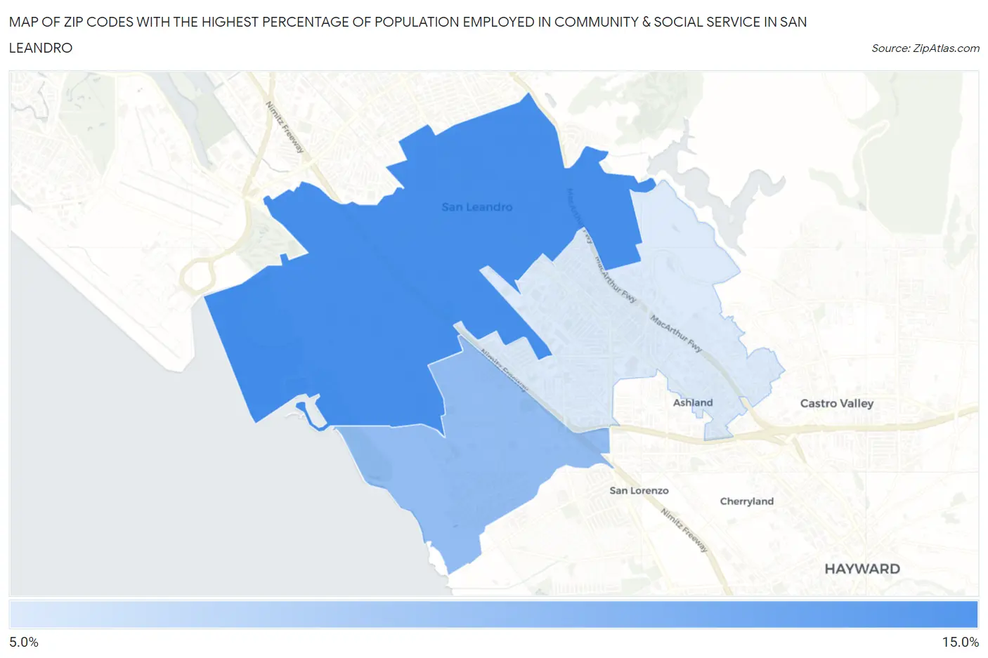 Zip Codes with the Highest Percentage of Population Employed in Community & Social Service  in San Leandro Map