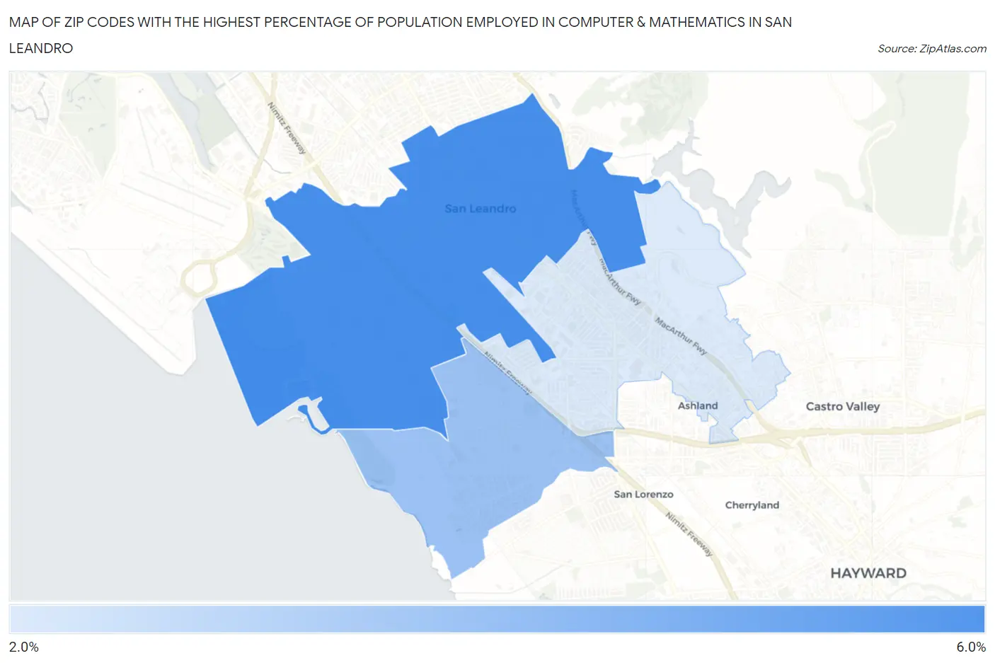 Zip Codes with the Highest Percentage of Population Employed in Computer & Mathematics in San Leandro Map