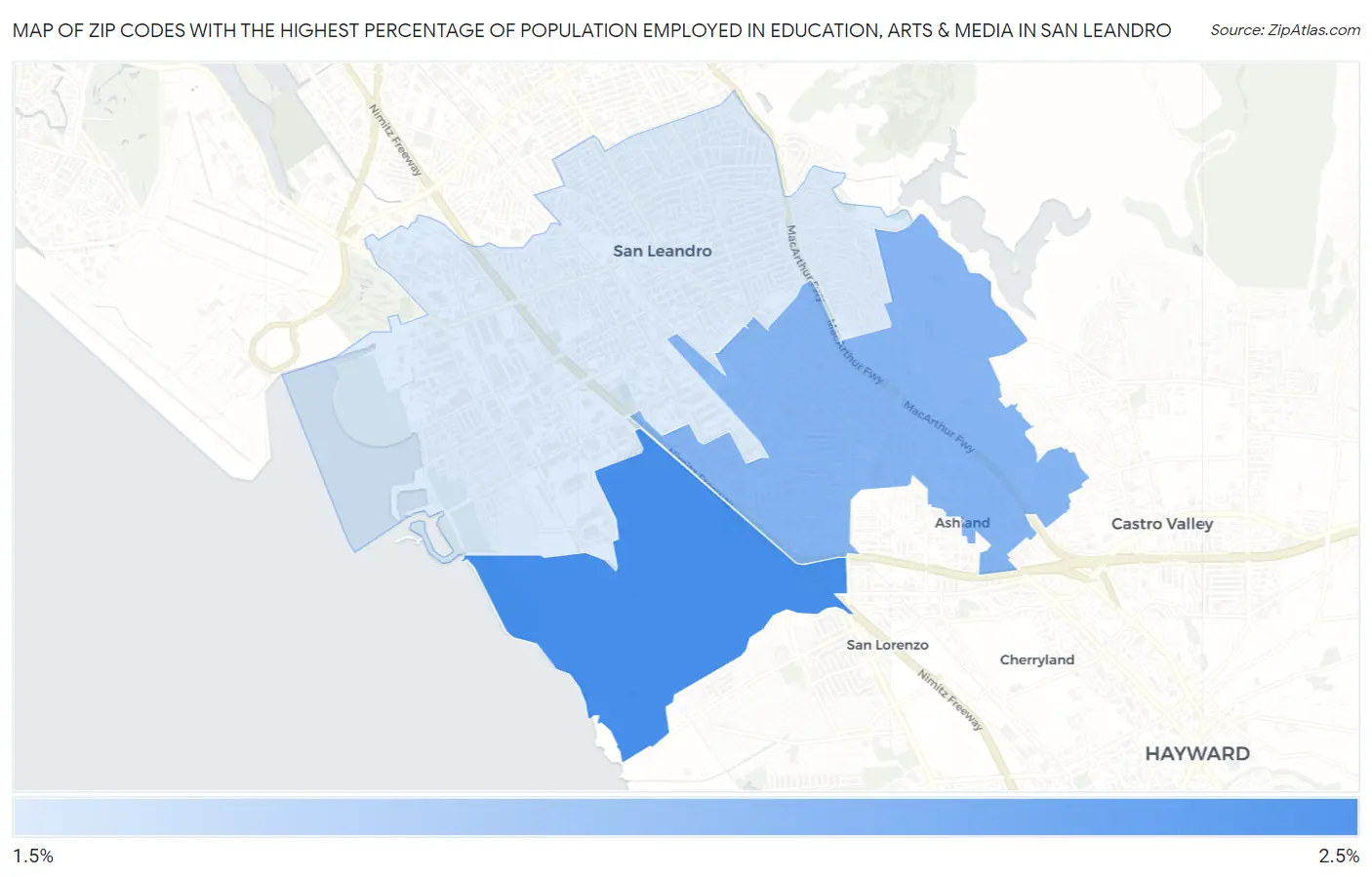Zip Codes with the Highest Percentage of Population Employed in Education, Arts & Media in San Leandro Map
