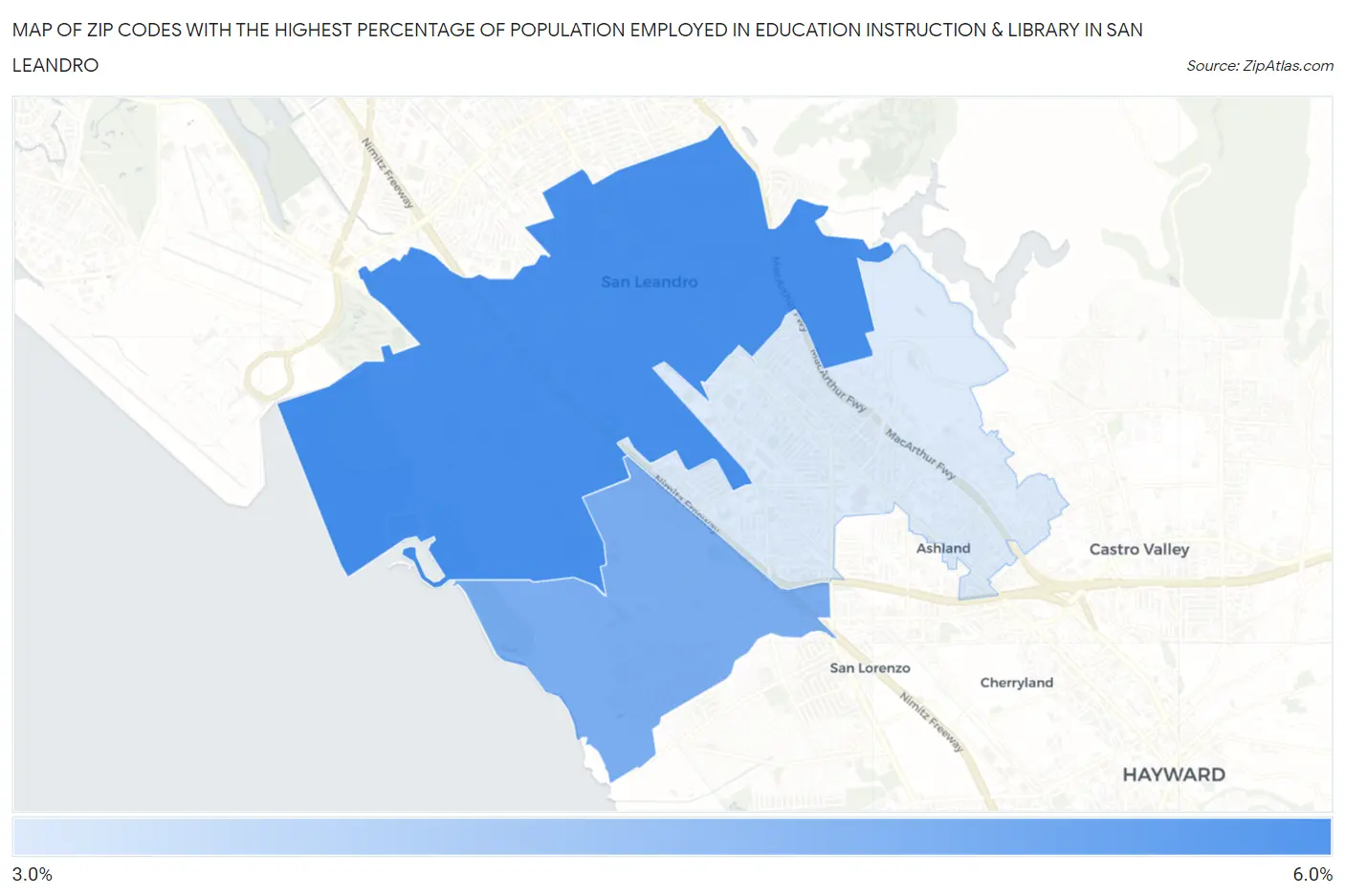 Zip Codes with the Highest Percentage of Population Employed in Education Instruction & Library in San Leandro Map