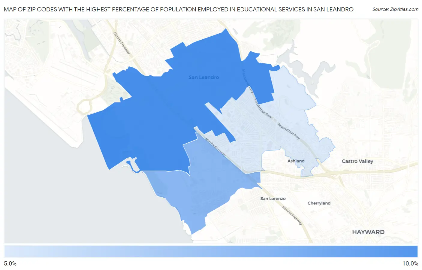 Zip Codes with the Highest Percentage of Population Employed in Educational Services in San Leandro Map
