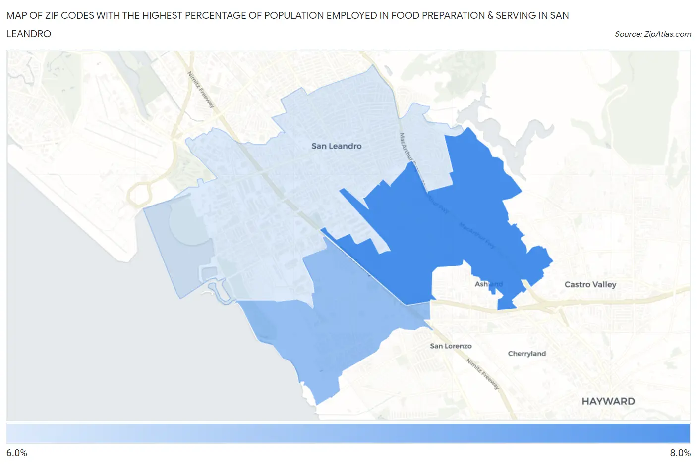Zip Codes with the Highest Percentage of Population Employed in Food Preparation & Serving in San Leandro Map