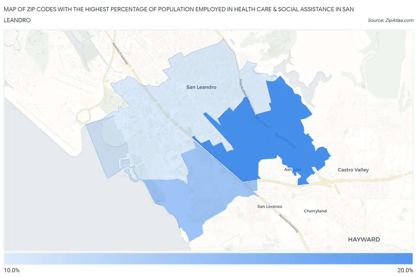 Zip Codes with the Highest Percentage of Population Employed in Health Care & Social Assistance in San Leandro Map