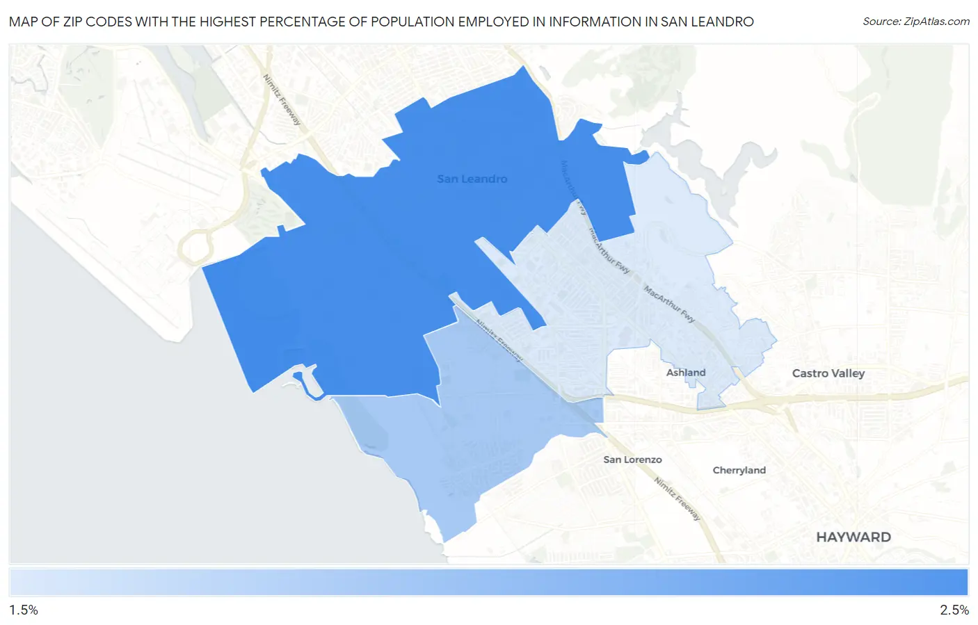 Zip Codes with the Highest Percentage of Population Employed in Information in San Leandro Map