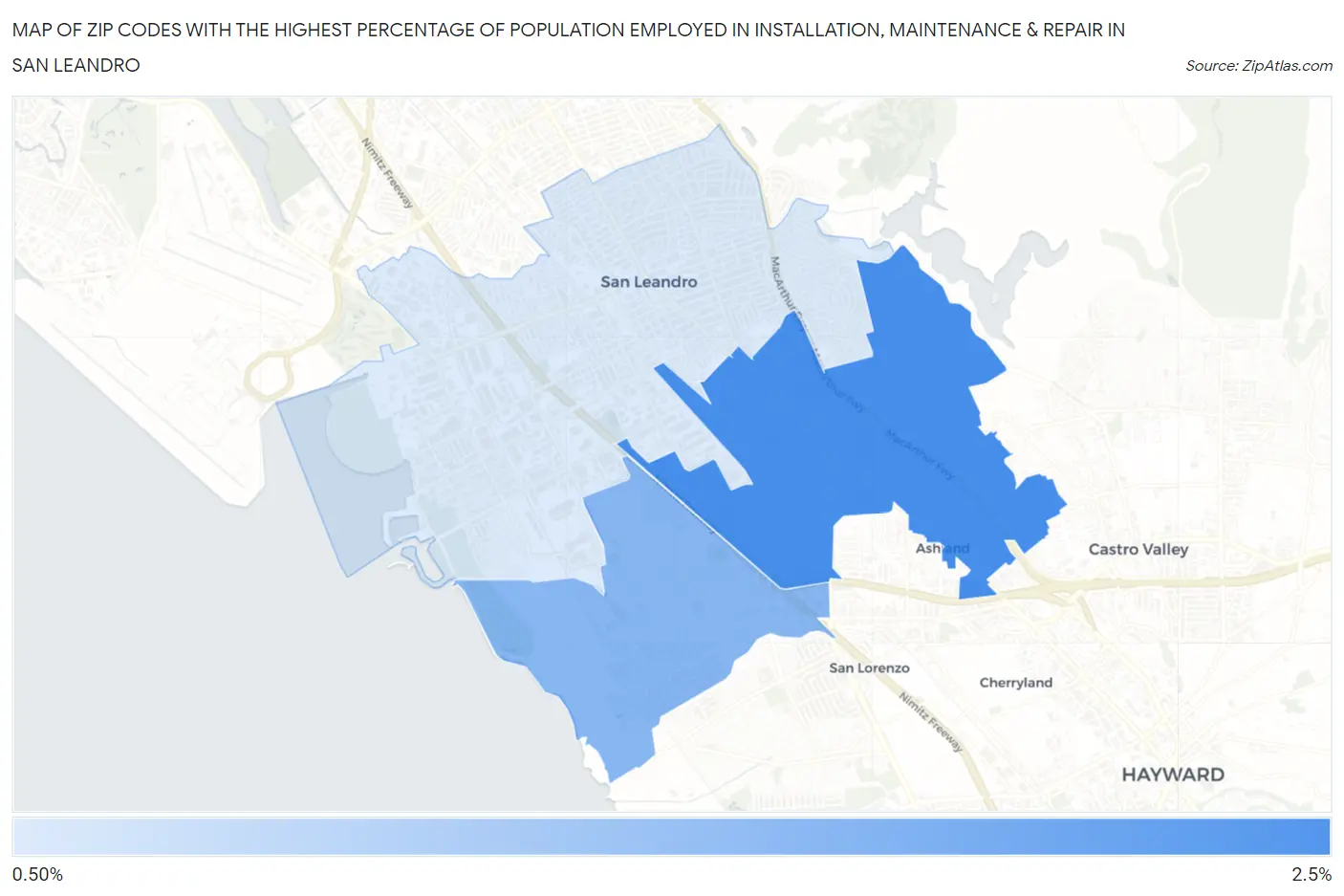 Zip Codes with the Highest Percentage of Population Employed in Installation, Maintenance & Repair in San Leandro Map