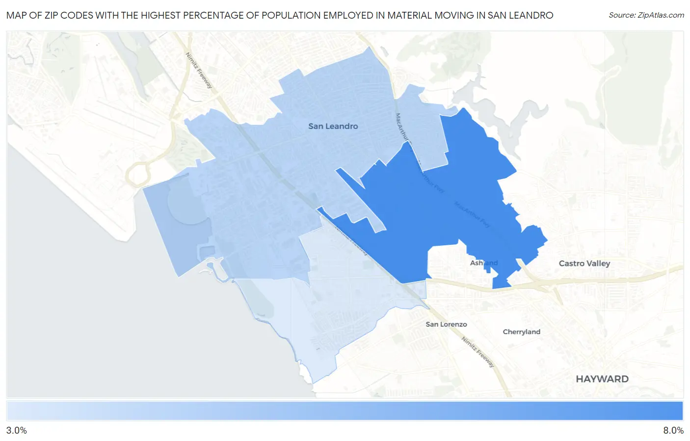 Zip Codes with the Highest Percentage of Population Employed in Material Moving in San Leandro Map
