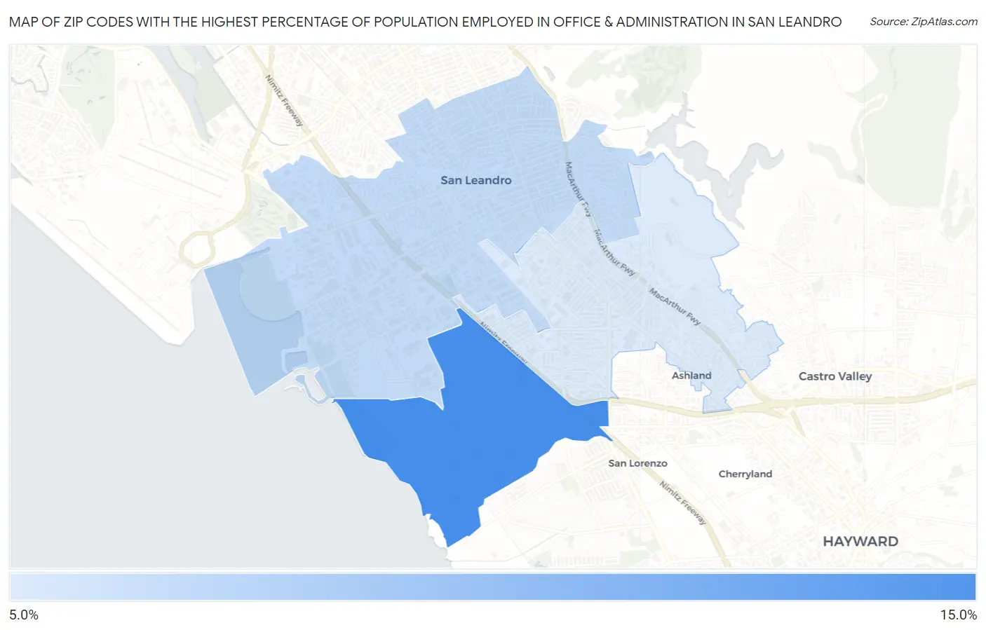 Zip Codes with the Highest Percentage of Population Employed in Office & Administration in San Leandro Map