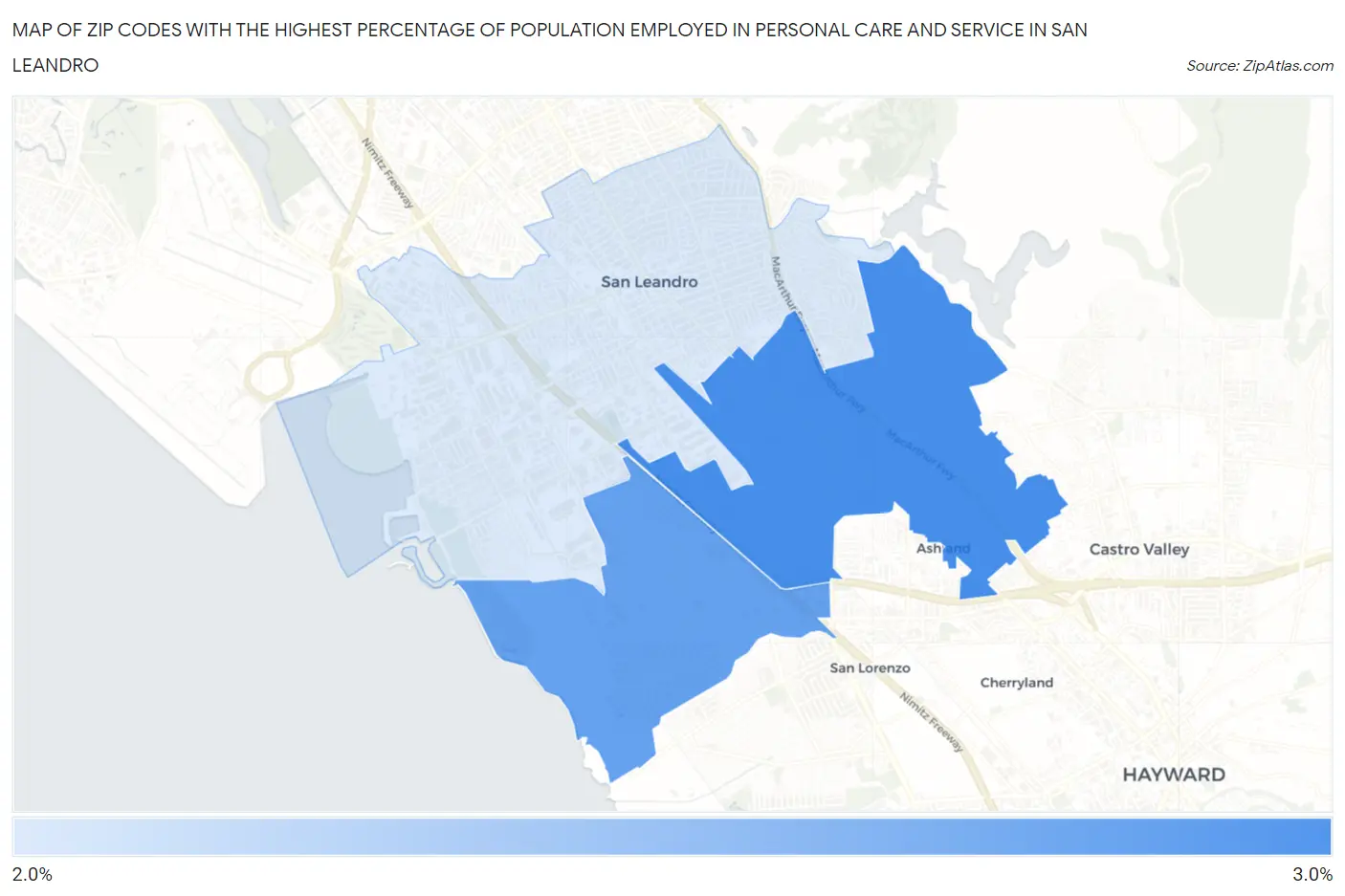 Zip Codes with the Highest Percentage of Population Employed in Personal Care and Service in San Leandro Map