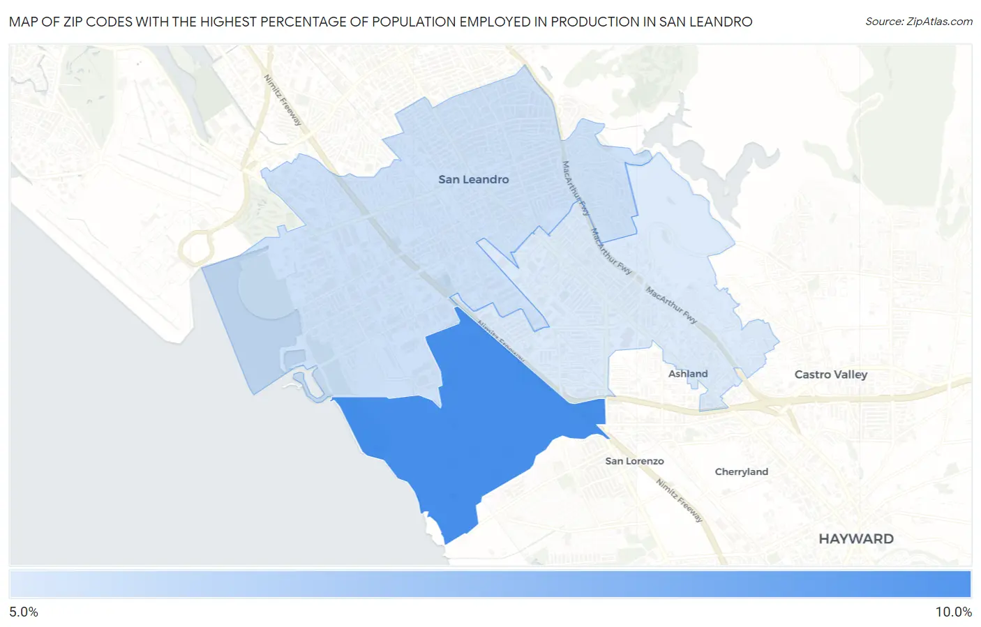Zip Codes with the Highest Percentage of Population Employed in Production in San Leandro Map