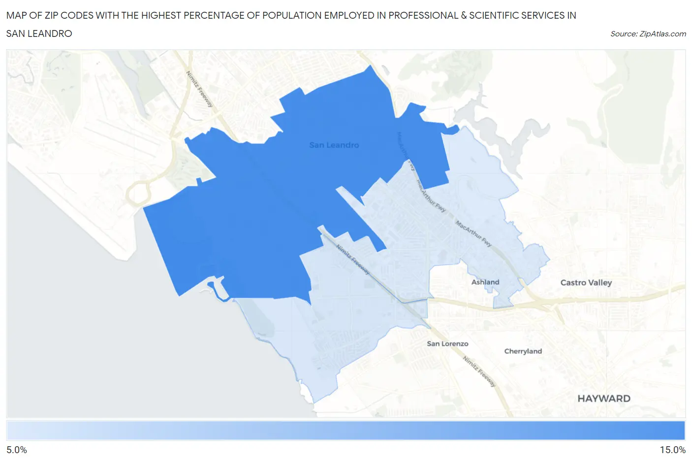 Zip Codes with the Highest Percentage of Population Employed in Professional & Scientific Services in San Leandro Map