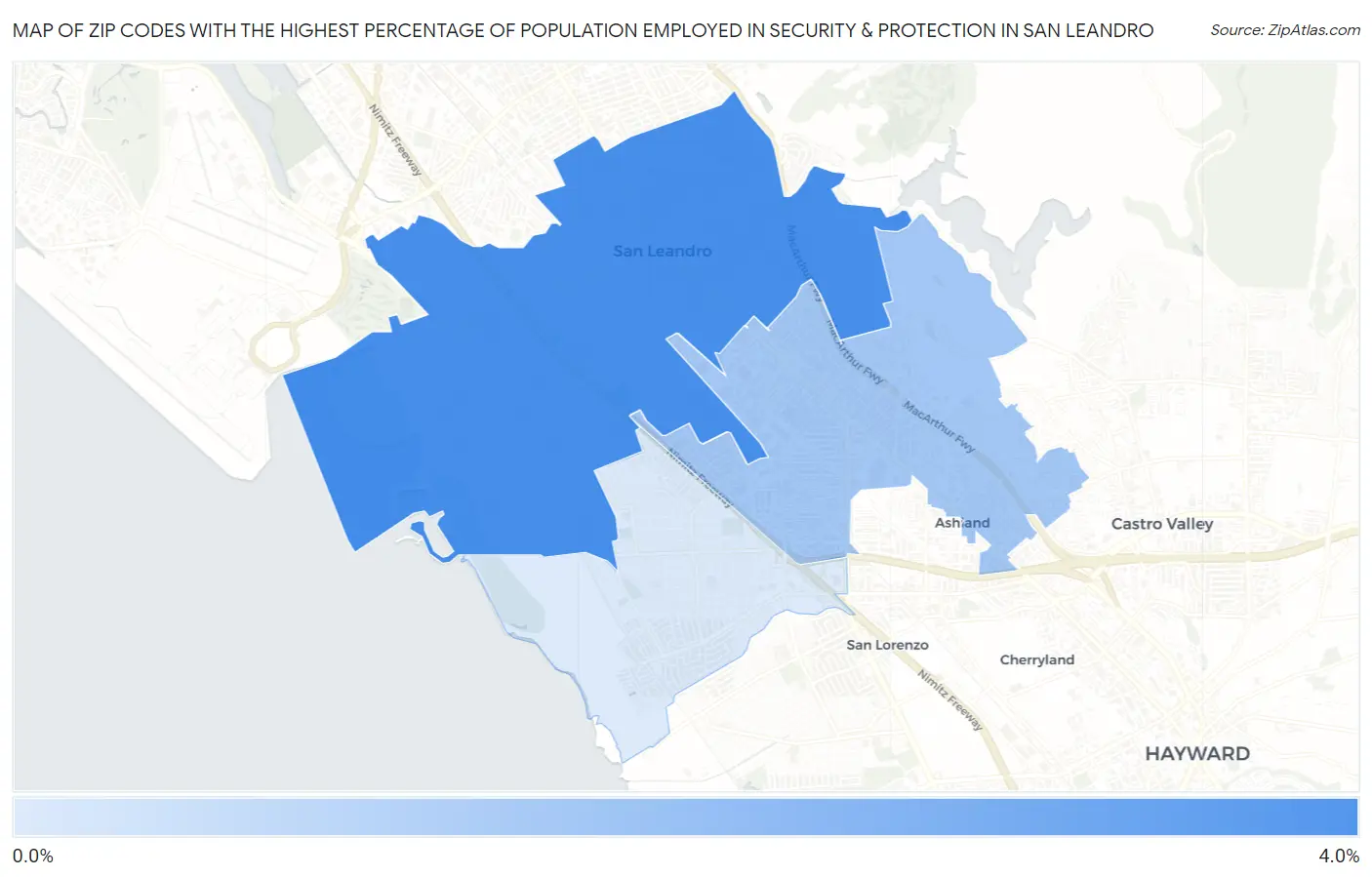 Zip Codes with the Highest Percentage of Population Employed in Security & Protection in San Leandro Map