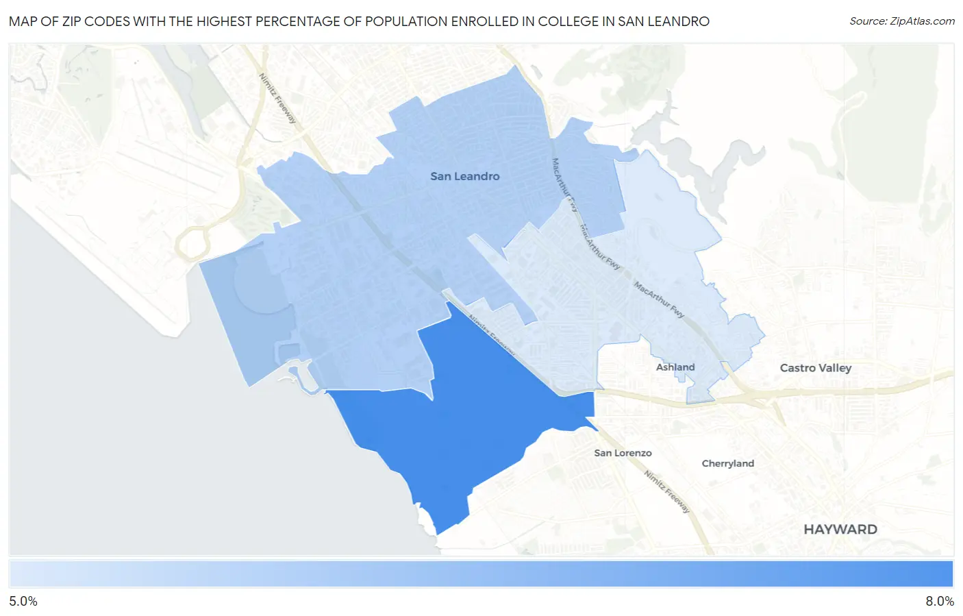 Zip Codes with the Highest Percentage of Population Enrolled in College in San Leandro Map