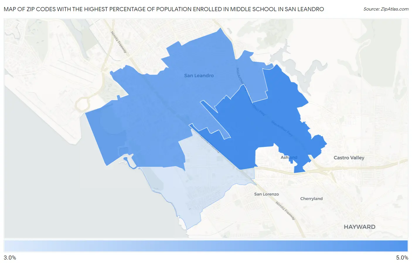 Zip Codes with the Highest Percentage of Population Enrolled in Middle School in San Leandro Map