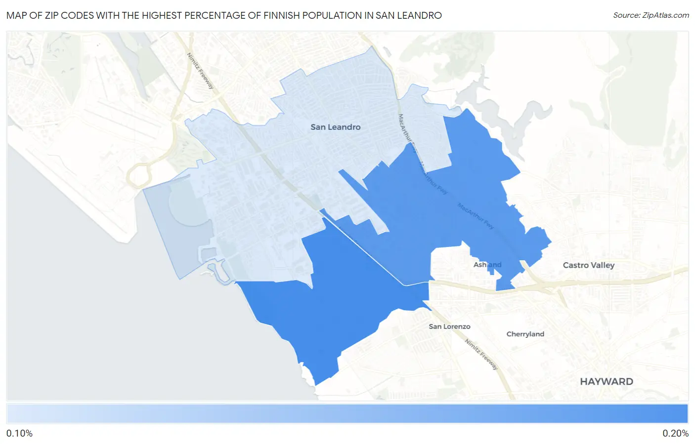 Zip Codes with the Highest Percentage of Finnish Population in San Leandro Map