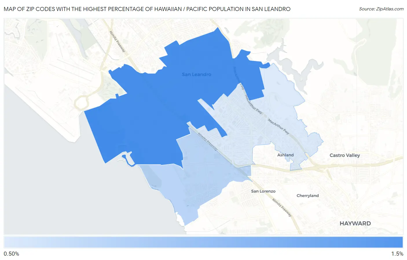 Zip Codes with the Highest Percentage of Hawaiian / Pacific Population in San Leandro Map