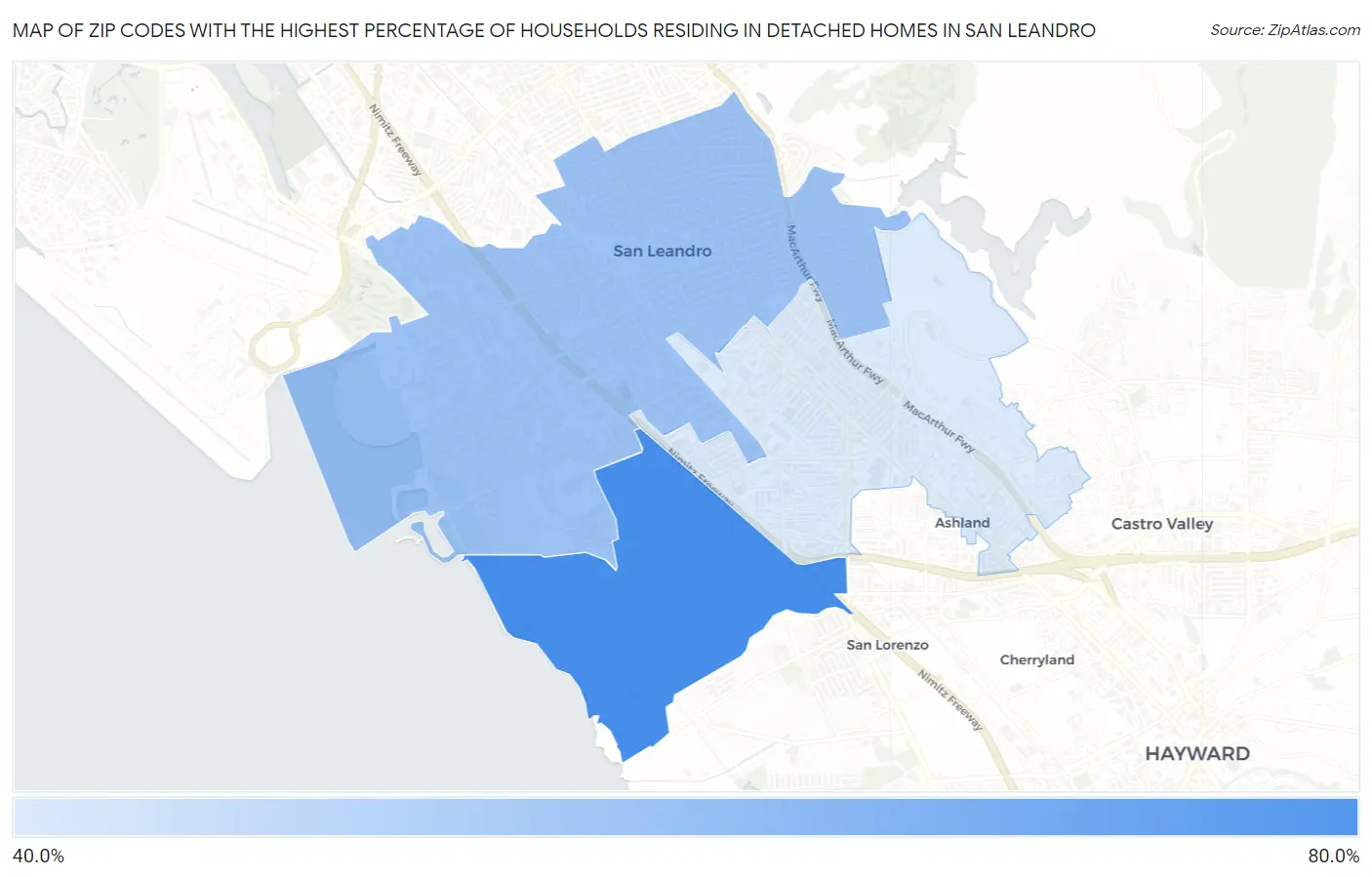 Zip Codes with the Highest Percentage of Households Residing in Detached Homes in San Leandro Map