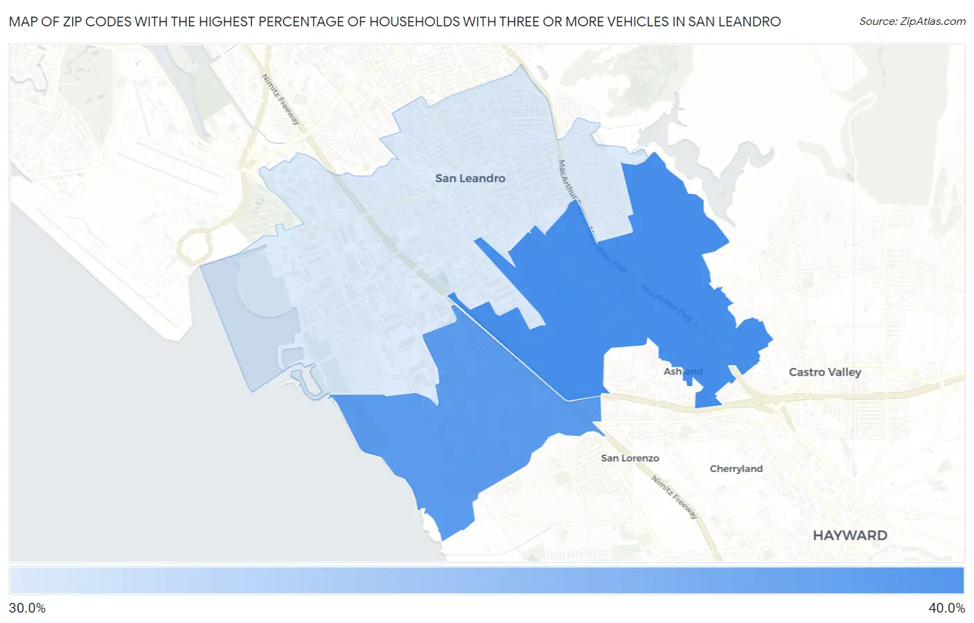 Zip Codes with the Highest Percentage of Households With Three or more Vehicles in San Leandro Map