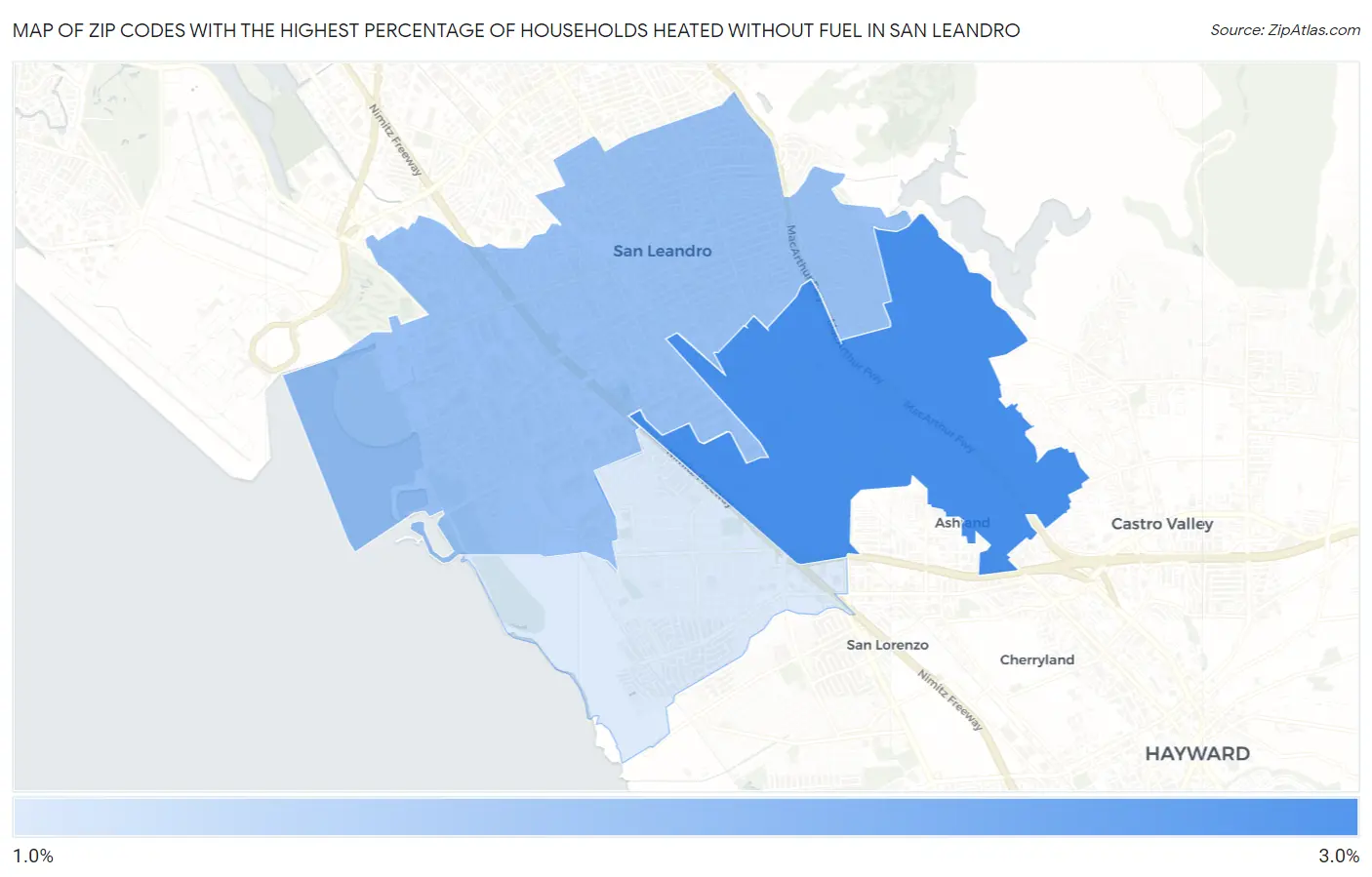 Zip Codes with the Highest Percentage of Households Heated without Fuel in San Leandro Map