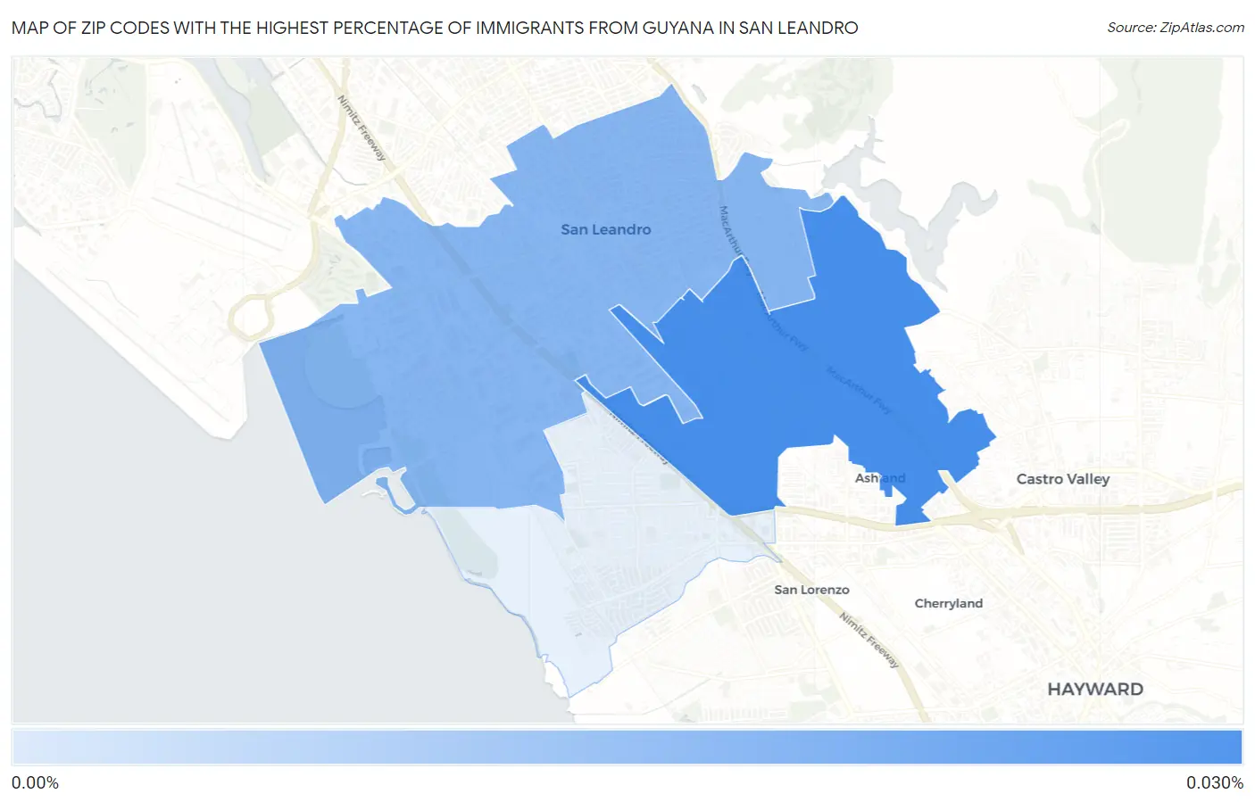 Zip Codes with the Highest Percentage of Immigrants from Guyana in San Leandro Map