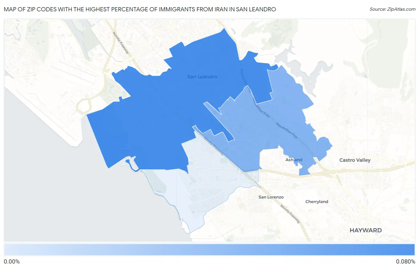 Zip Codes with the Highest Percentage of Immigrants from Iran in San Leandro Map
