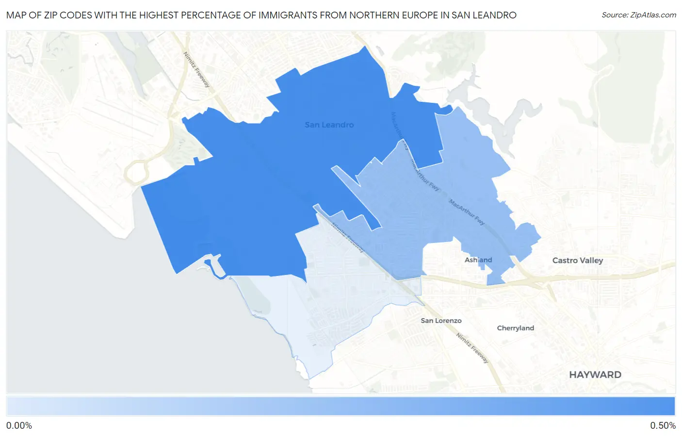 Zip Codes with the Highest Percentage of Immigrants from Northern Europe in San Leandro Map