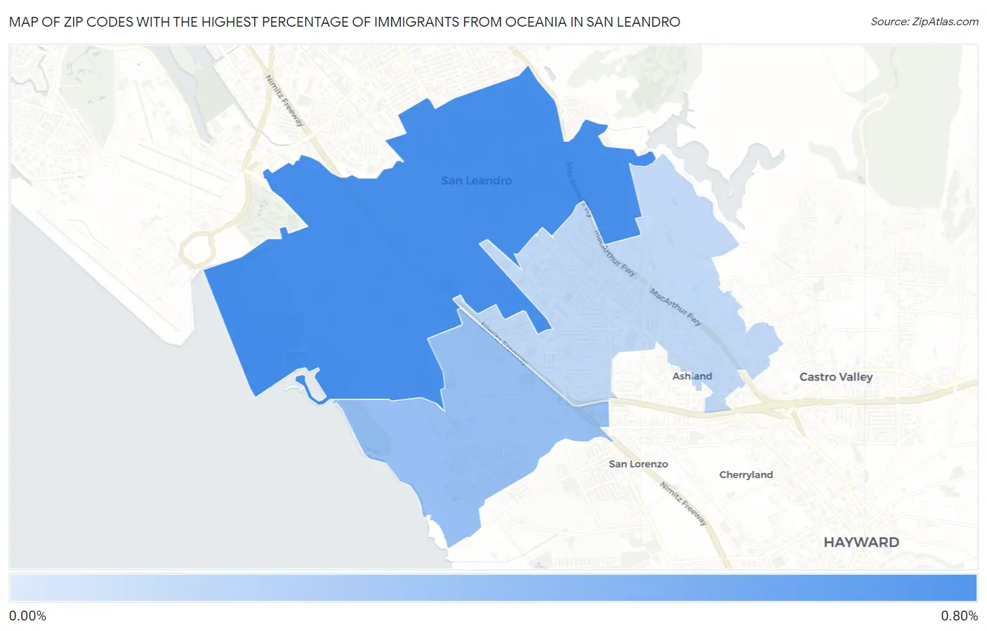 Zip Codes with the Highest Percentage of Immigrants from Oceania in San Leandro Map