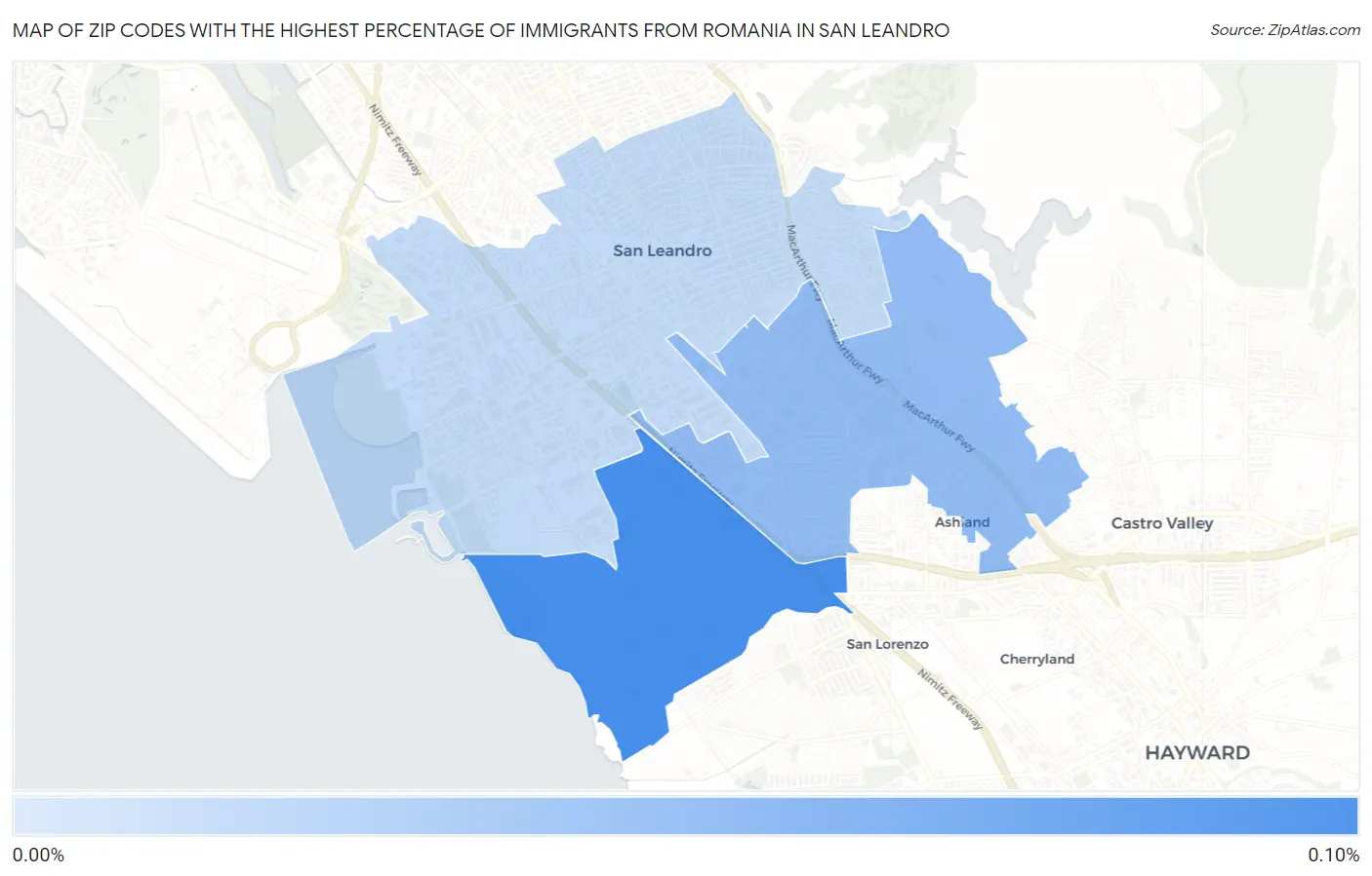 Zip Codes with the Highest Percentage of Immigrants from Romania in San Leandro Map