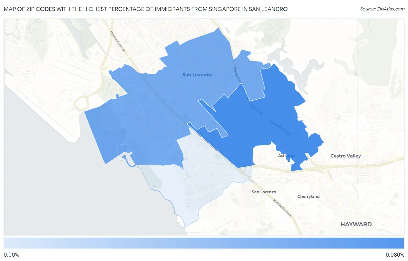 Zip Codes with the Highest Percentage of Immigrants from Singapore in San Leandro Map