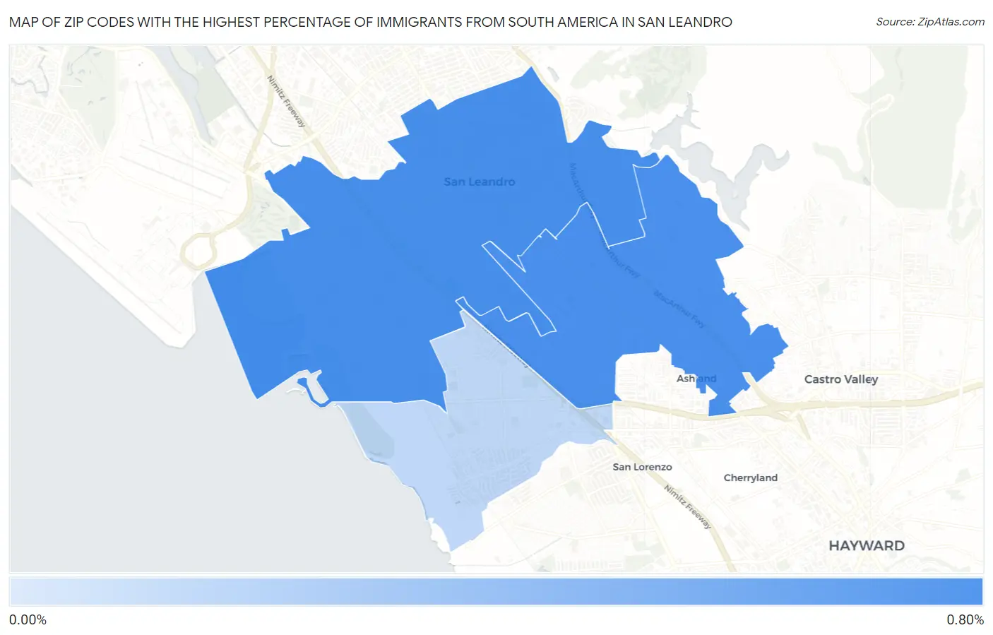 Zip Codes with the Highest Percentage of Immigrants from South America in San Leandro Map
