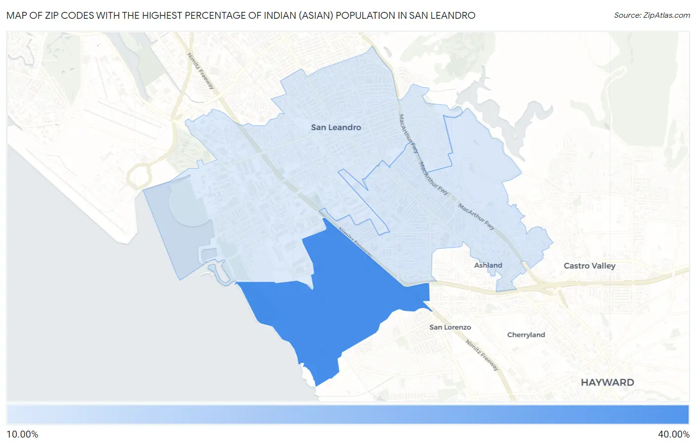 Zip Codes with the Highest Percentage of Indian (Asian) Population in San Leandro Map