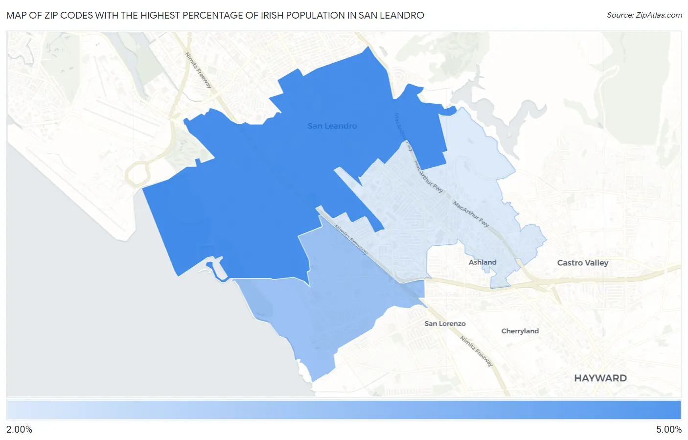 Zip Codes with the Highest Percentage of Irish Population in San Leandro Map