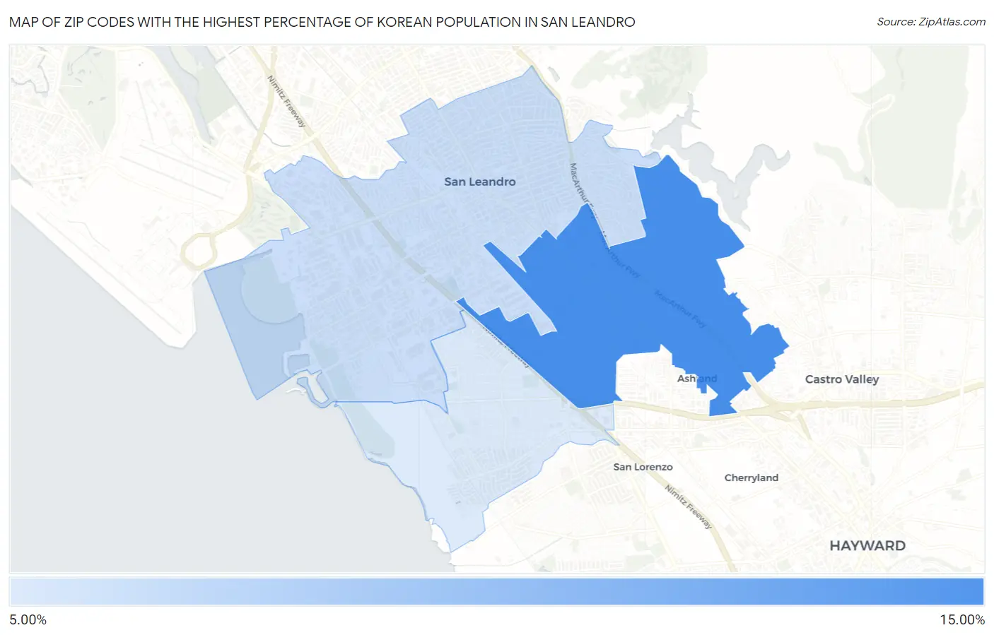 Zip Codes with the Highest Percentage of Korean Population in San Leandro Map