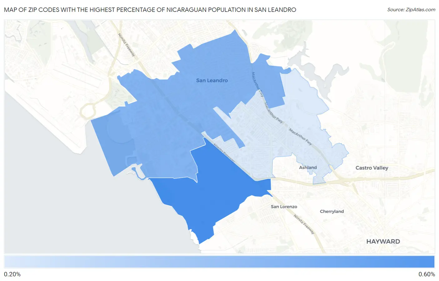 Zip Codes with the Highest Percentage of Nicaraguan Population in San Leandro Map