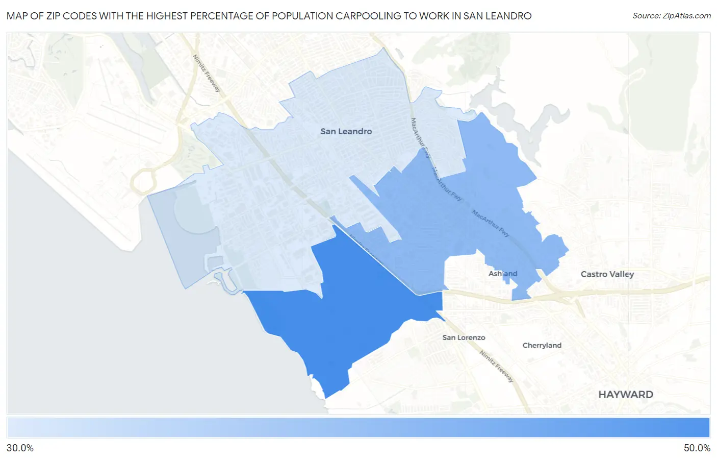 Zip Codes with the Highest Percentage of Population Carpooling to Work in San Leandro Map