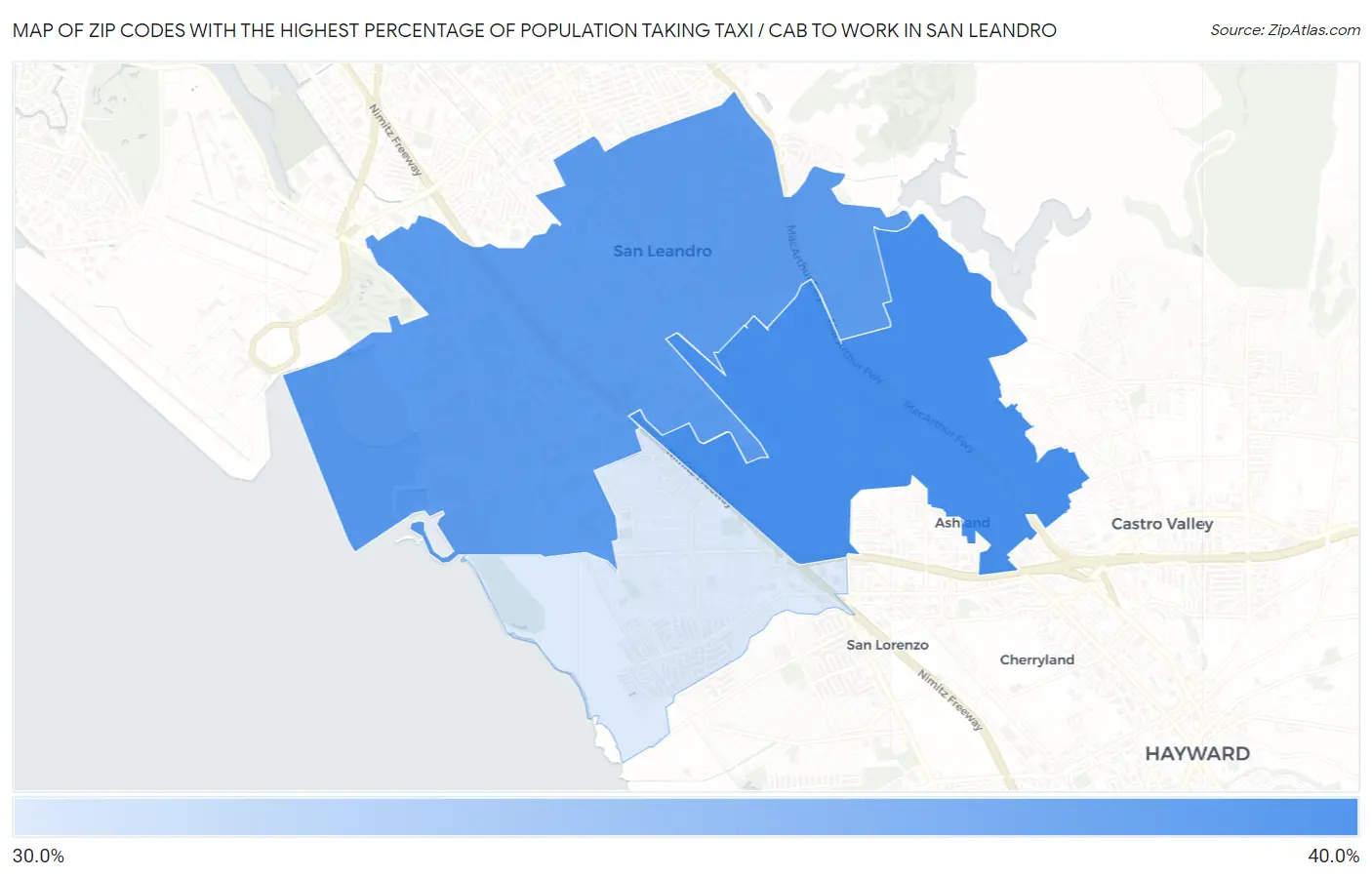 Zip Codes with the Highest Percentage of Population Taking Taxi / Cab to Work in San Leandro Map