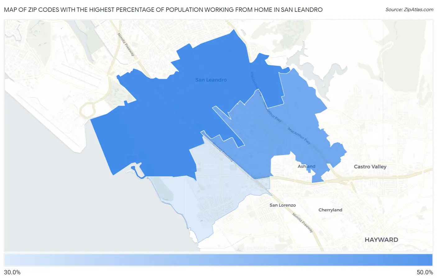 Zip Codes with the Highest Percentage of Population Working from Home in San Leandro Map