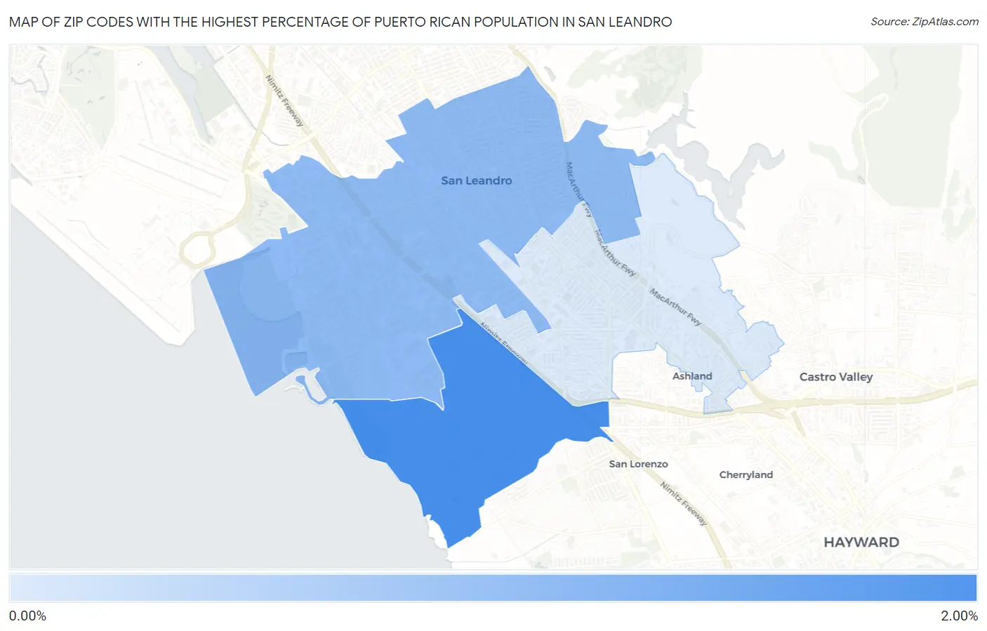 Zip Codes with the Highest Percentage of Puerto Rican Population in San Leandro Map