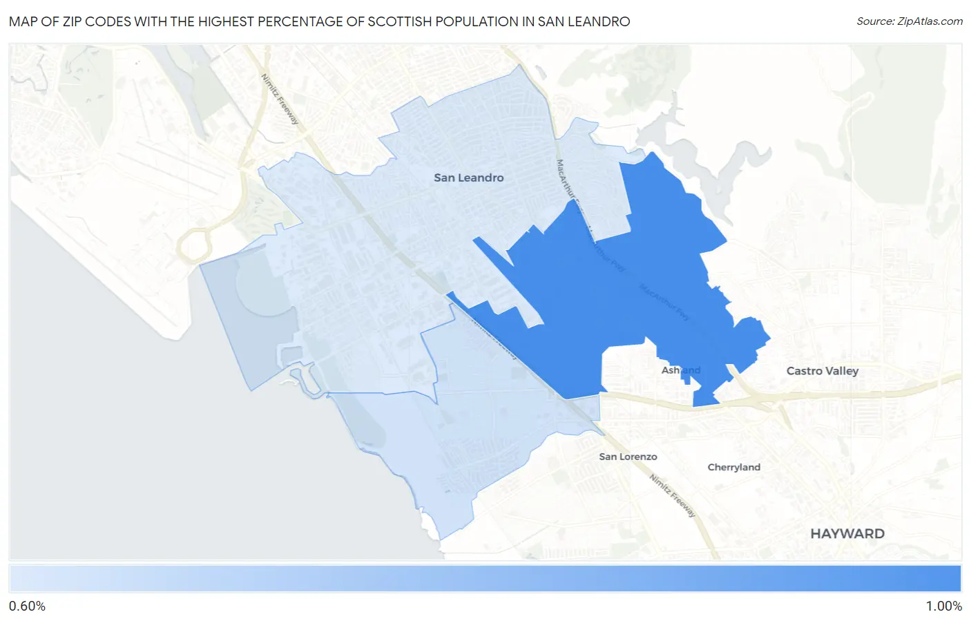 Zip Codes with the Highest Percentage of Scottish Population in San Leandro Map