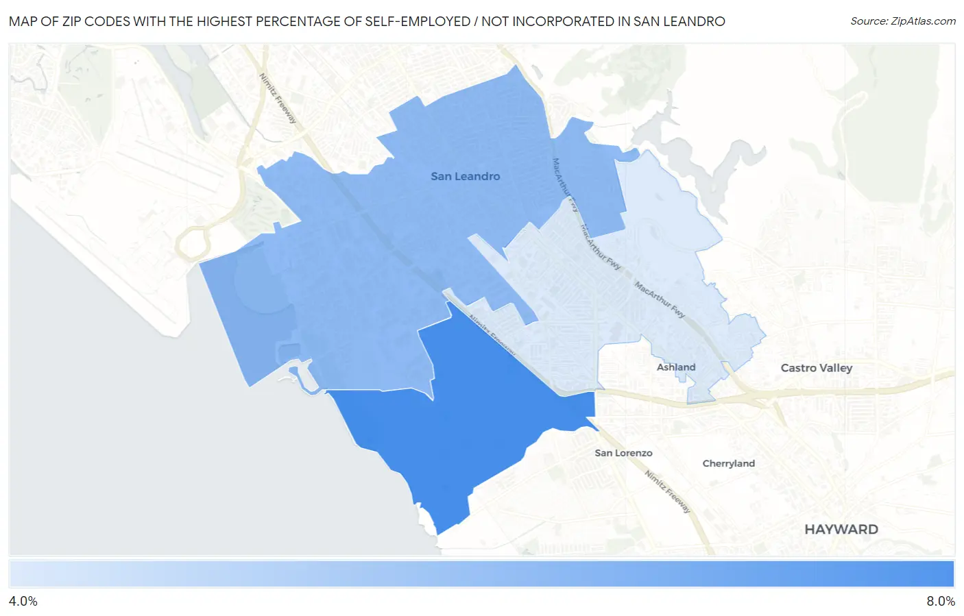 Zip Codes with the Highest Percentage of Self-Employed / Not Incorporated in San Leandro Map