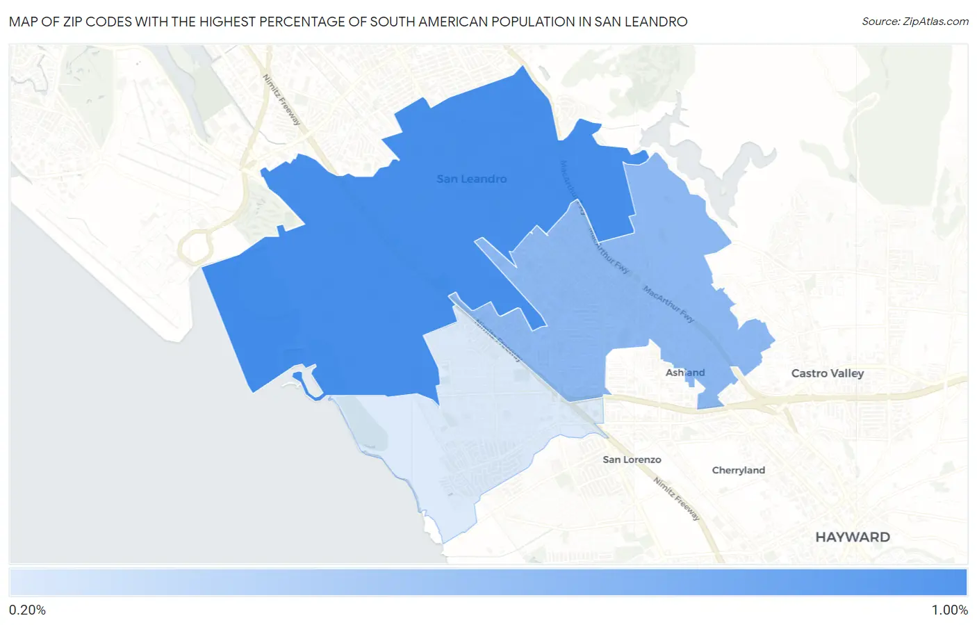 Zip Codes with the Highest Percentage of South American Population in San Leandro Map