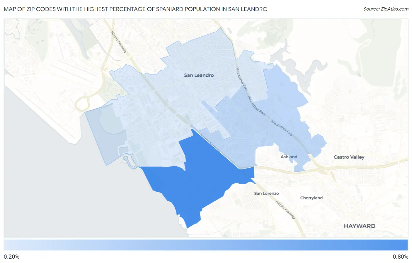Zip Codes with the Highest Percentage of Spaniard Population in San Leandro Map