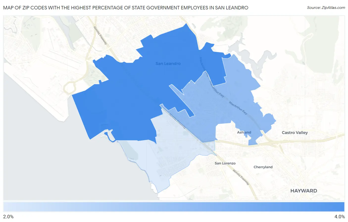 Zip Codes with the Highest Percentage of State Government Employees in San Leandro Map