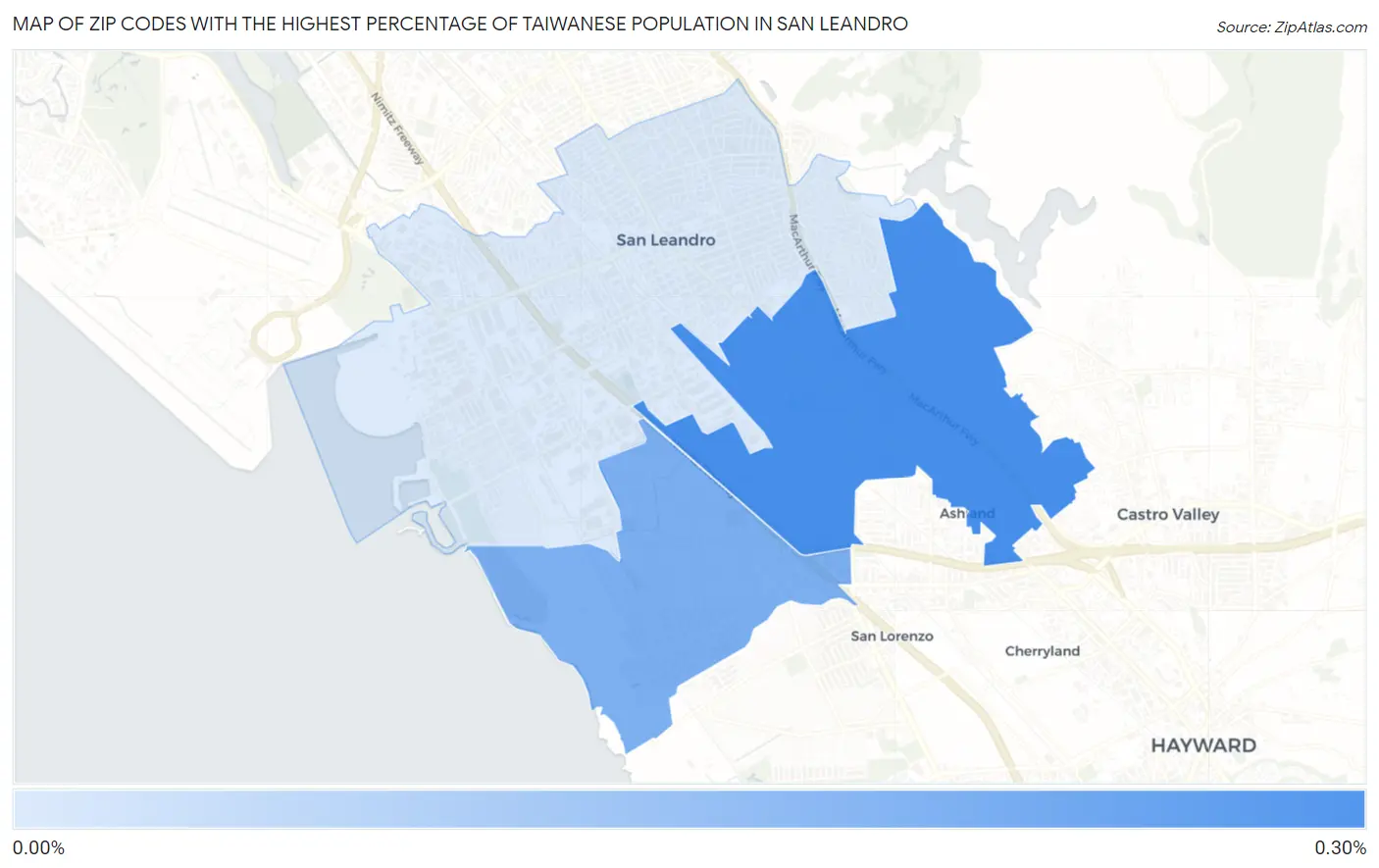 Zip Codes with the Highest Percentage of Taiwanese Population in San Leandro Map